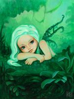 A Jungle Fairy, a painting of a faery with vine wings.