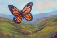 Wings on the Breeze, a butterfly floating over a landscape.